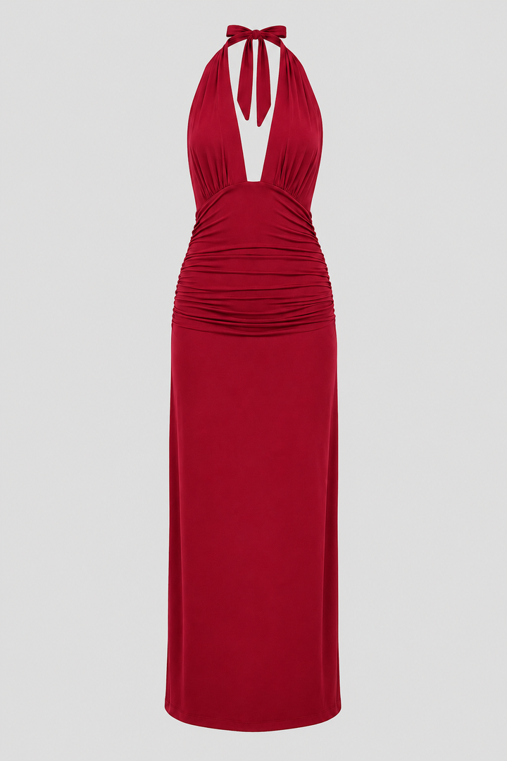 Stunning women's maxi party dress, a red-carpet-ready halter gown with alluring open back.