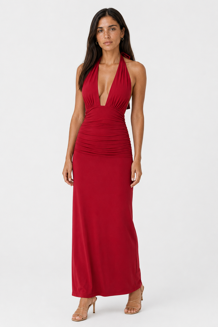 Women's elegant plunge halter maxi dress, ideal for special occasions & formal wear.