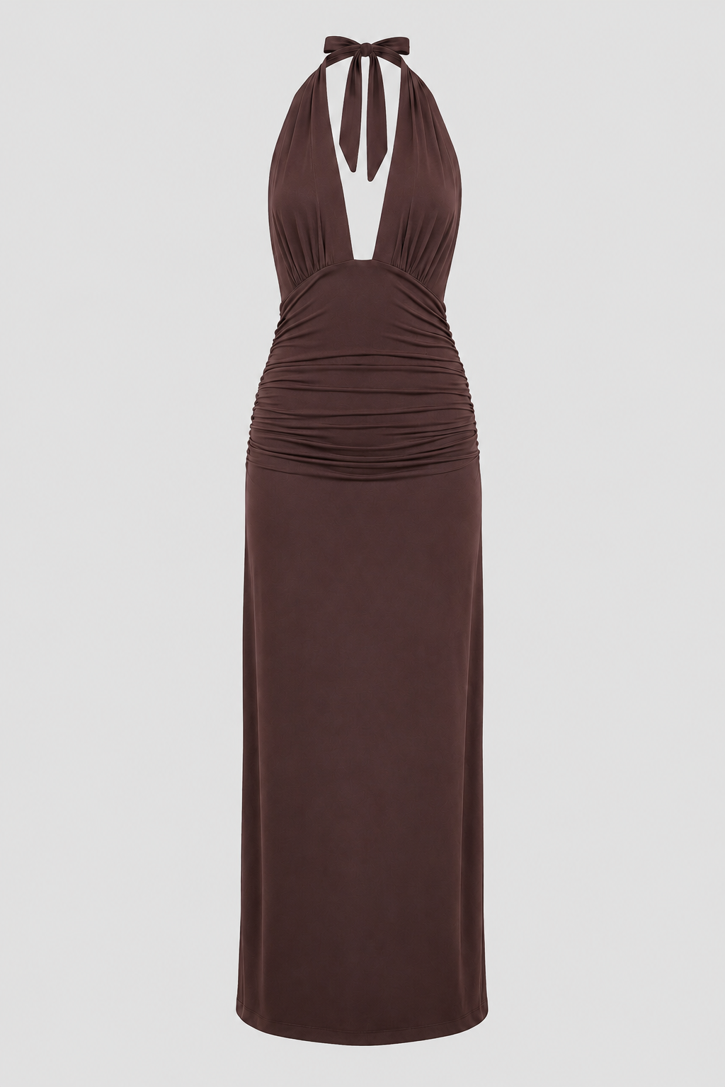 Sophisticated women's open-back evening gown, a long halter dress with a deep plunge front.