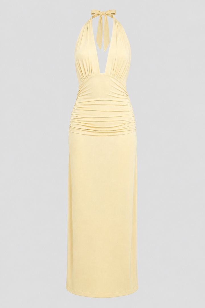 Graceful women's formal evening gown, a flowy maxi dress with a sophisticated halter and plunge.