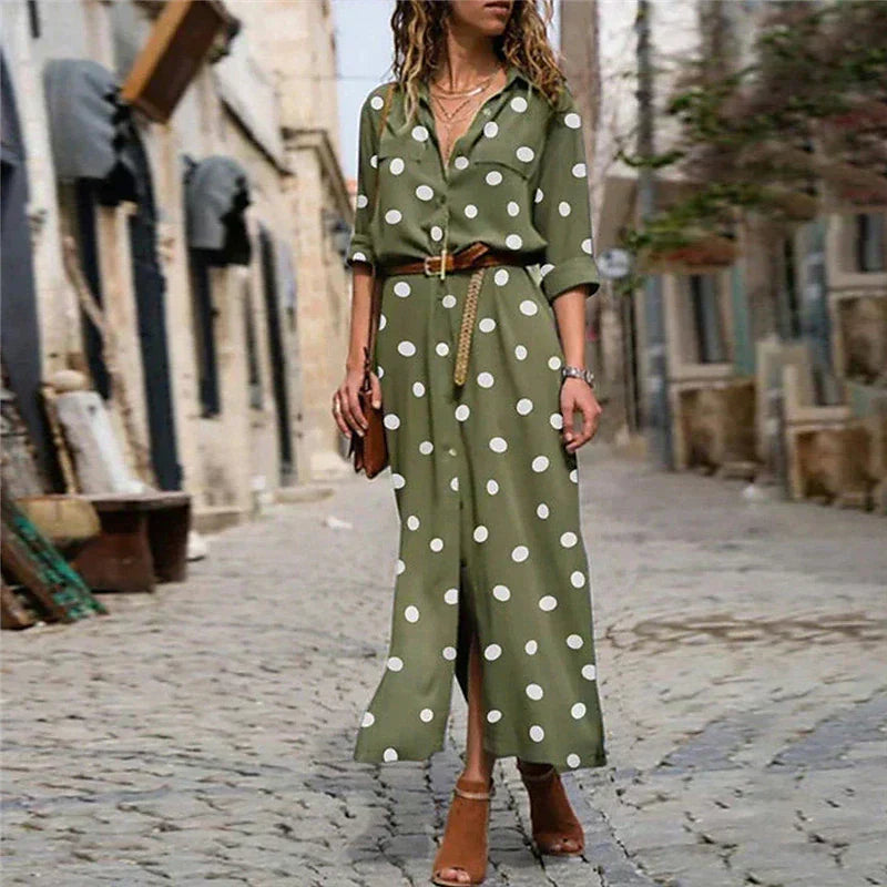 Elegant women's polka dot maxi dress, long sleeve button-down shirt style, perfect for fall/spring fashion.