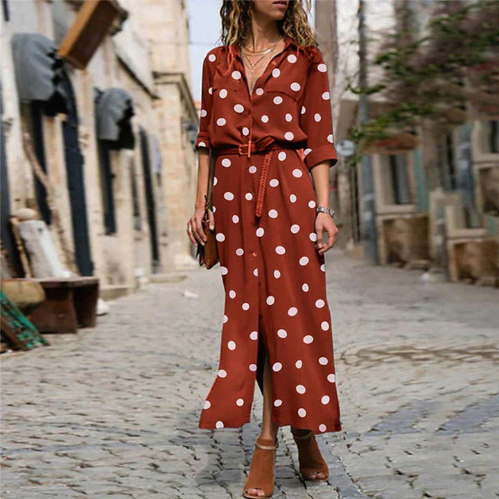 Stylish women's long sleeve polka dot shirt dress, button-down maxi length, versatile for casual and elegant wear.