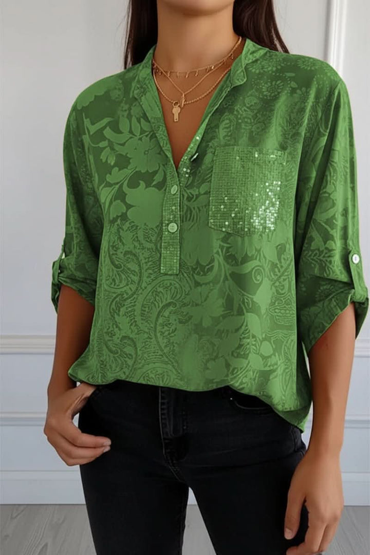 Comfortable loose fit women's printed blouse, long sleeve, front pocket. An elegant casual chic fashion top.