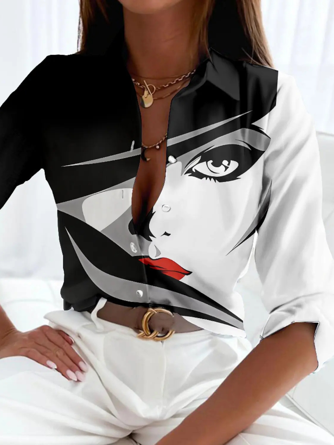 Plus size gray printed button-down blouse for women, elegant three-quarter sleeve top for everyday fashion.