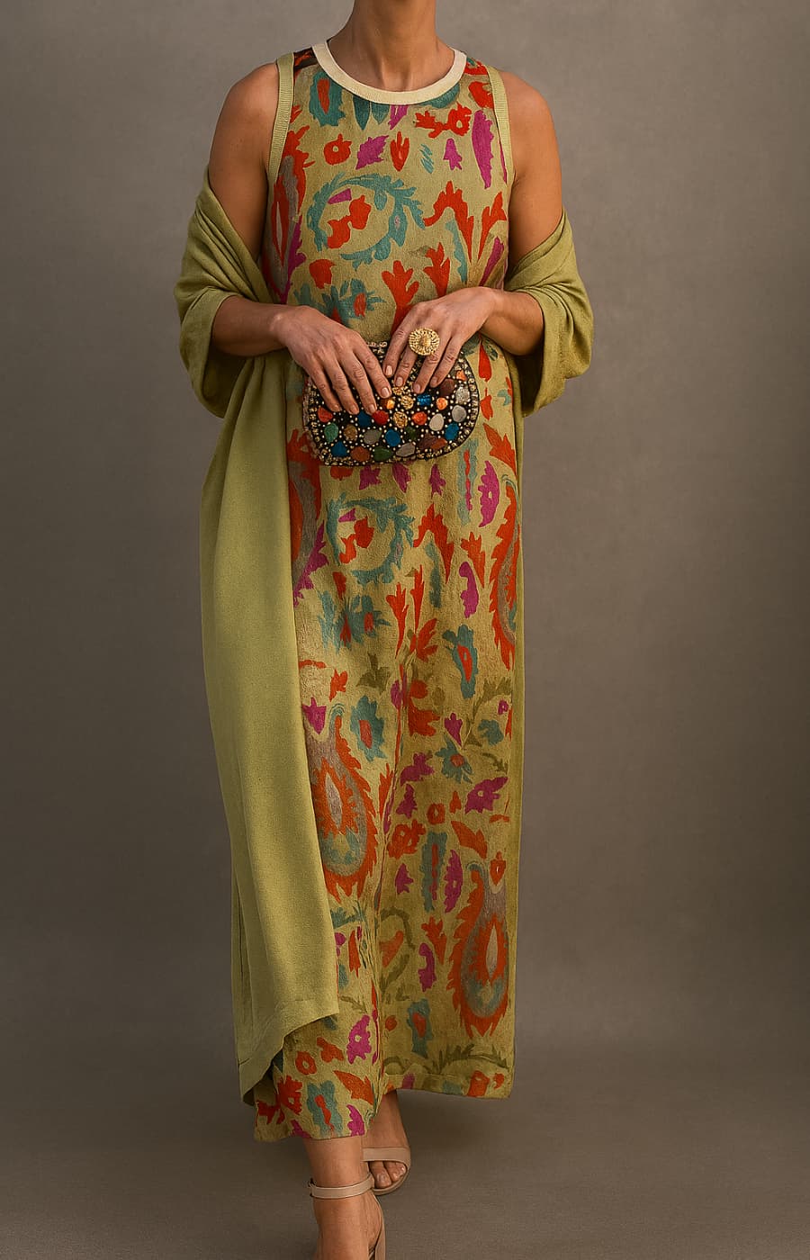 Elegant women's printed maxi dress and matching open front coat set. Chic, versatile layered outfit for women.