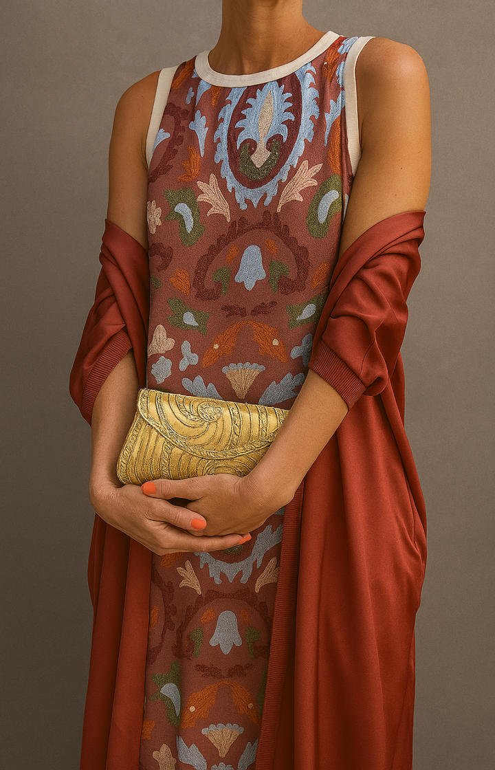 Chic women's sleeveless printed maxi dress with a sophisticated open front coat. Elegant 2-piece layered set.