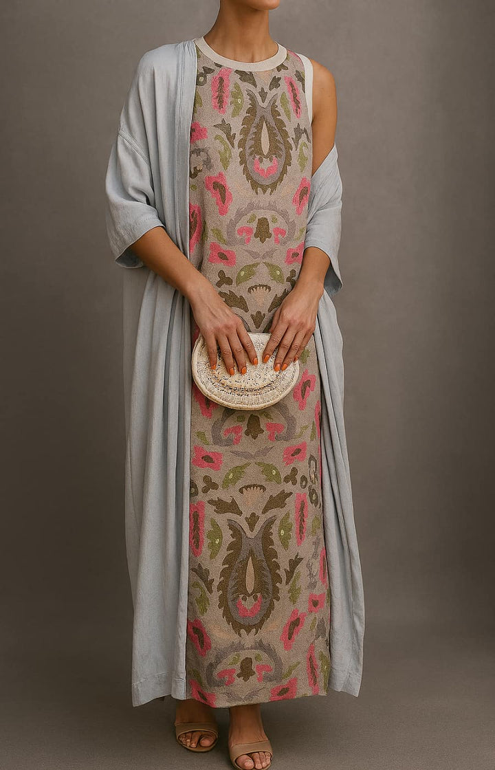 Comfortable women's elegant maxi dress & open front coat matching set. Versatile layered fashion for women.
