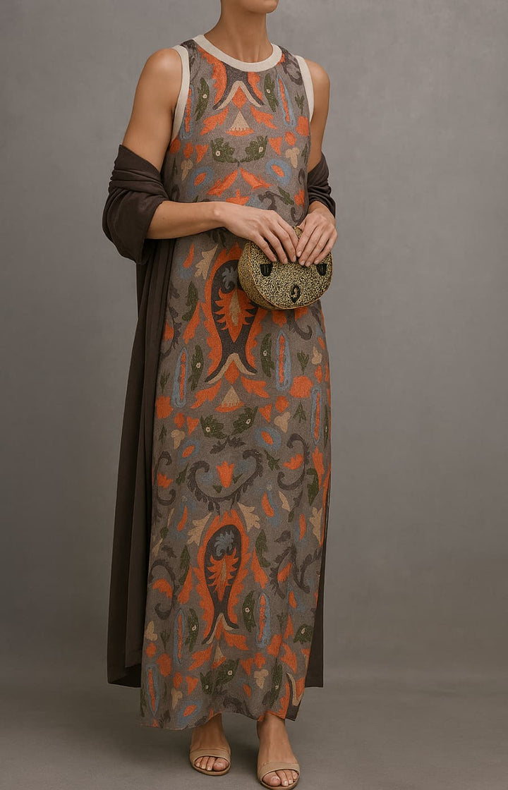 Stylish women's long maxi dress and open front coat set. Elegant, versatile layered outfit for various occasions.