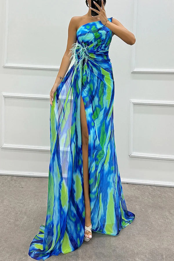 Elegant women's printed maxi dress with a stylish slit, perfect for wedding guests & formal occasions.
