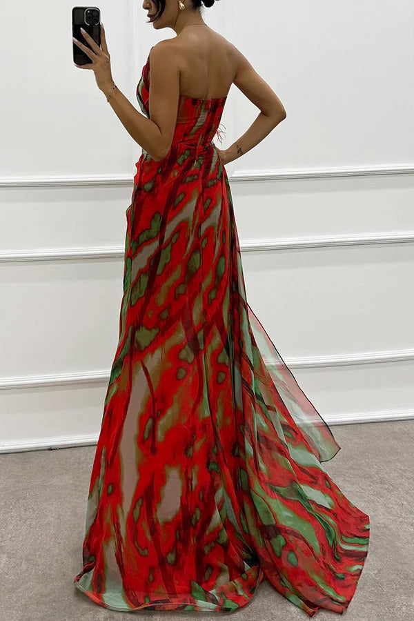 Statement women's printed maxi dress, one shoulder, with a slit, for elegant wedding guests.