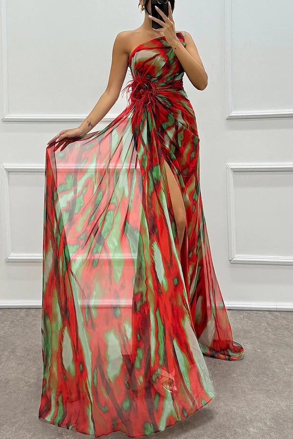Elegant printed long dress for women, featuring a stylish slit & one-shoulder design, formal.
