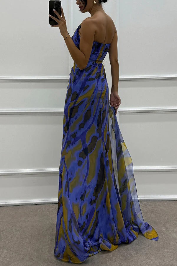 Beautiful printed long dress with a slit for women, perfect for any elegant special occasion.