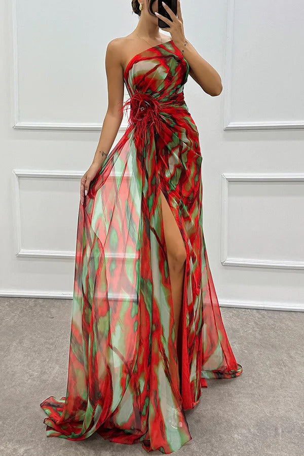 One shoulder printed maxi dress for wedding guests, elegant formal gown with a chic leg slit.