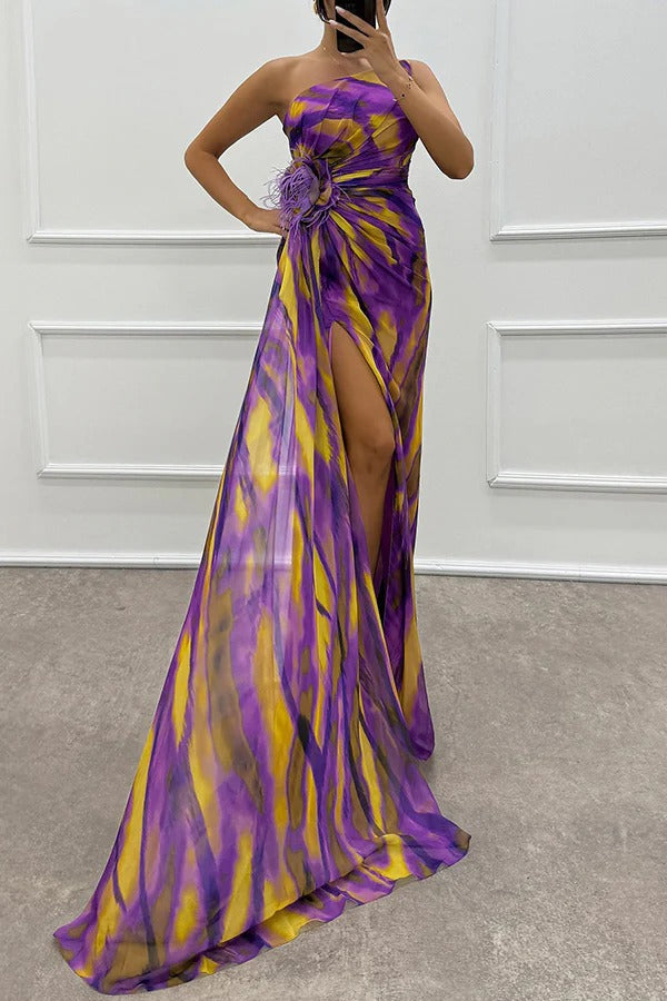 Formal elegant printed long dress for women, ideal for evening events, wedding guests, or galas.