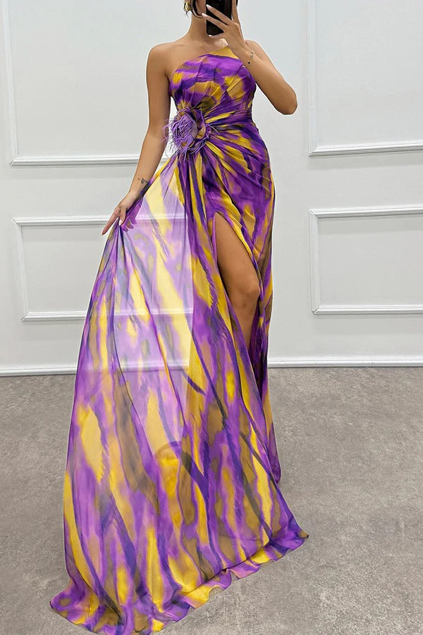 Chic printed maxi gown with a slit, perfect as a wedding guest, prom, or special occasion dress.