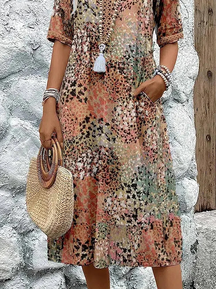 Elegant women's floral printed V-neck midi dress, A-line, comfortable and versatile for summer casual.