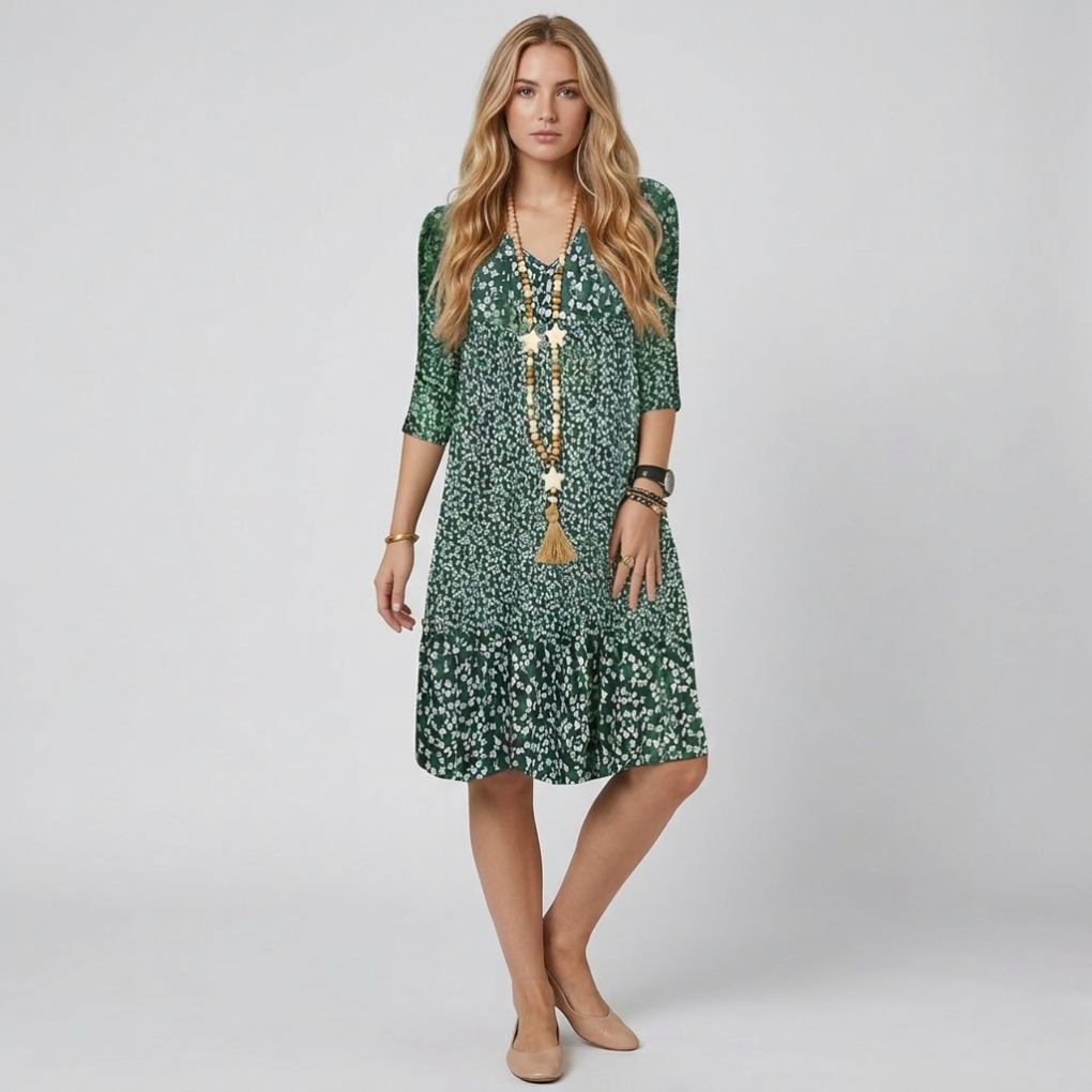 Elegant women's printed midi dress with v-neck and A-line silhouette, perfect for spring/summer casual style.