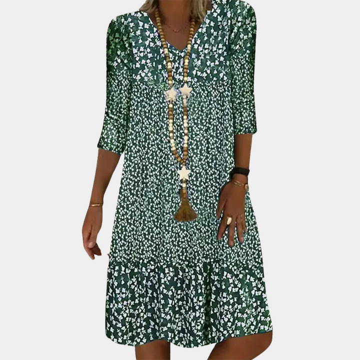 Airy & comfortable women's printed midi dress. Ideal A-line v-neck summer/spring casual wear.