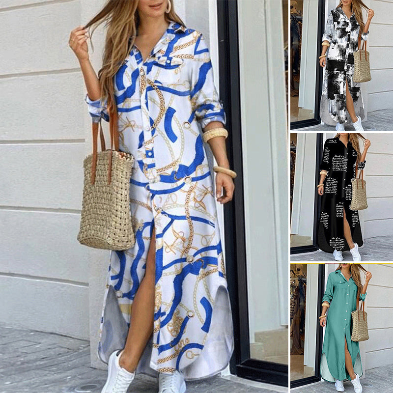 Elegant women's printed single-breasted maxi dress with a stylish front slit, perfect for spring/summer.