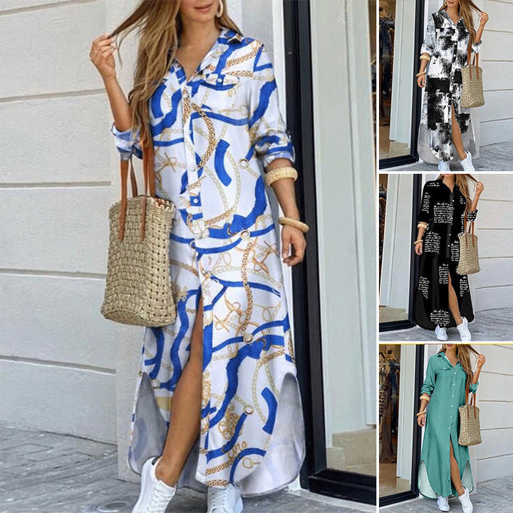 Elegant women's printed single-breasted maxi dress with a stylish front slit, perfect for spring/summer.