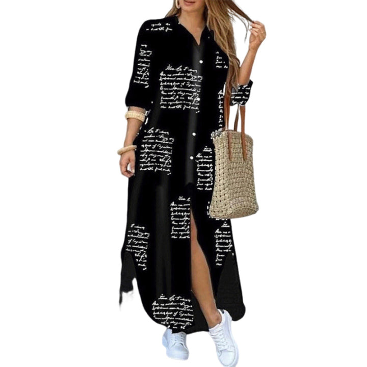 Bohemian style printed maxi dress, single-breasted with a free-flowing slit, for casual wear.