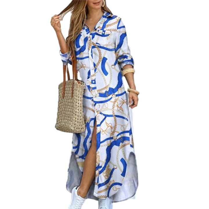 Button-front single-breasted printed maxi dress for women, with an elegant and functional slit.