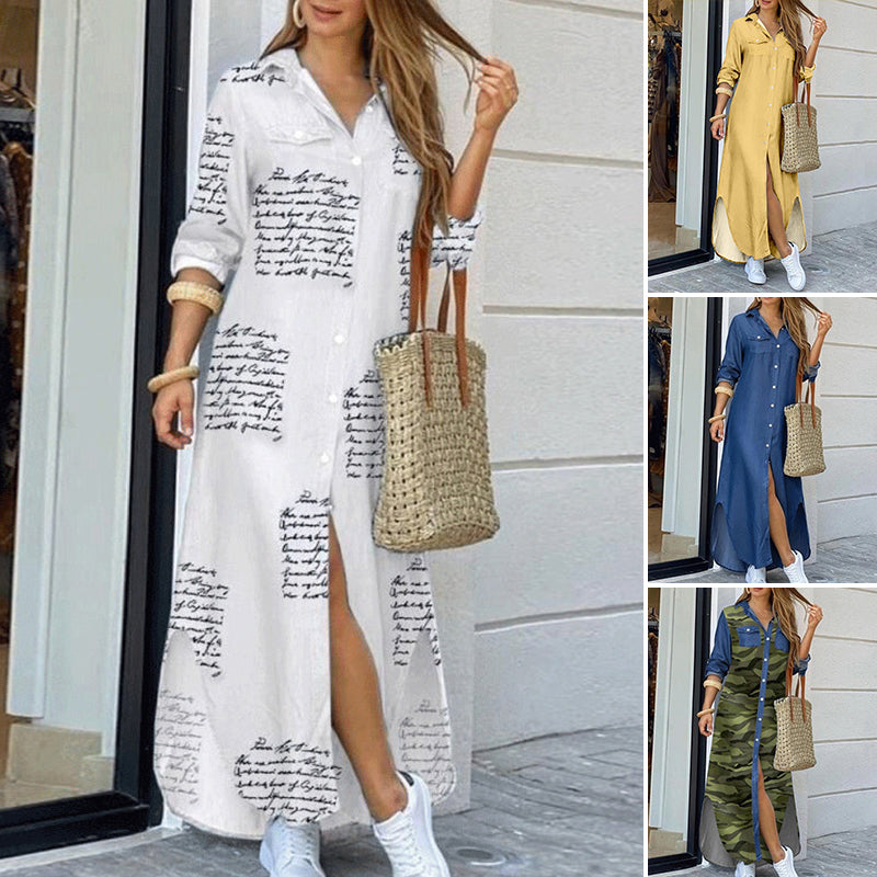 Women's casual printed maxi dress featuring a single-breasted design and a chic side slit.