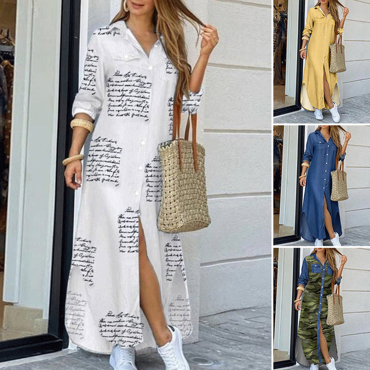 Women's casual printed maxi dress featuring a single-breasted design and a chic side slit.