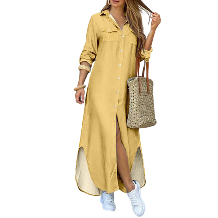 Spring/summer women's printed maxi dress, single-breasted with a trendy full-length slit.