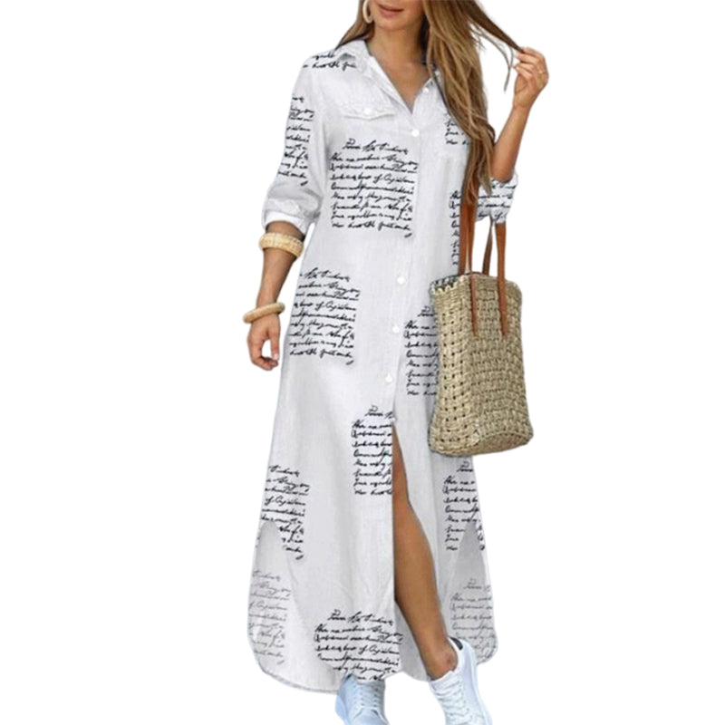 Versatile women's printed maxi dress, single-breasted style with a versatile and elegant slit.