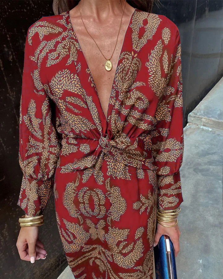 Women's formal printed long sleeve V-neck gown, a stylish choice for weddings & special occasions.