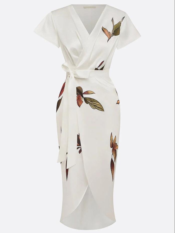 Comfortable & elegant printed V-neck wrap midi dress for wedding guests, parties. Flutter sleeves, tie waist.