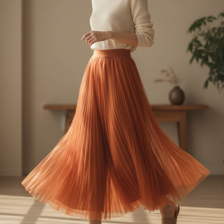 Elegant women's purple pleated flowy A-line midi skirt for summer fashion & casual wear.