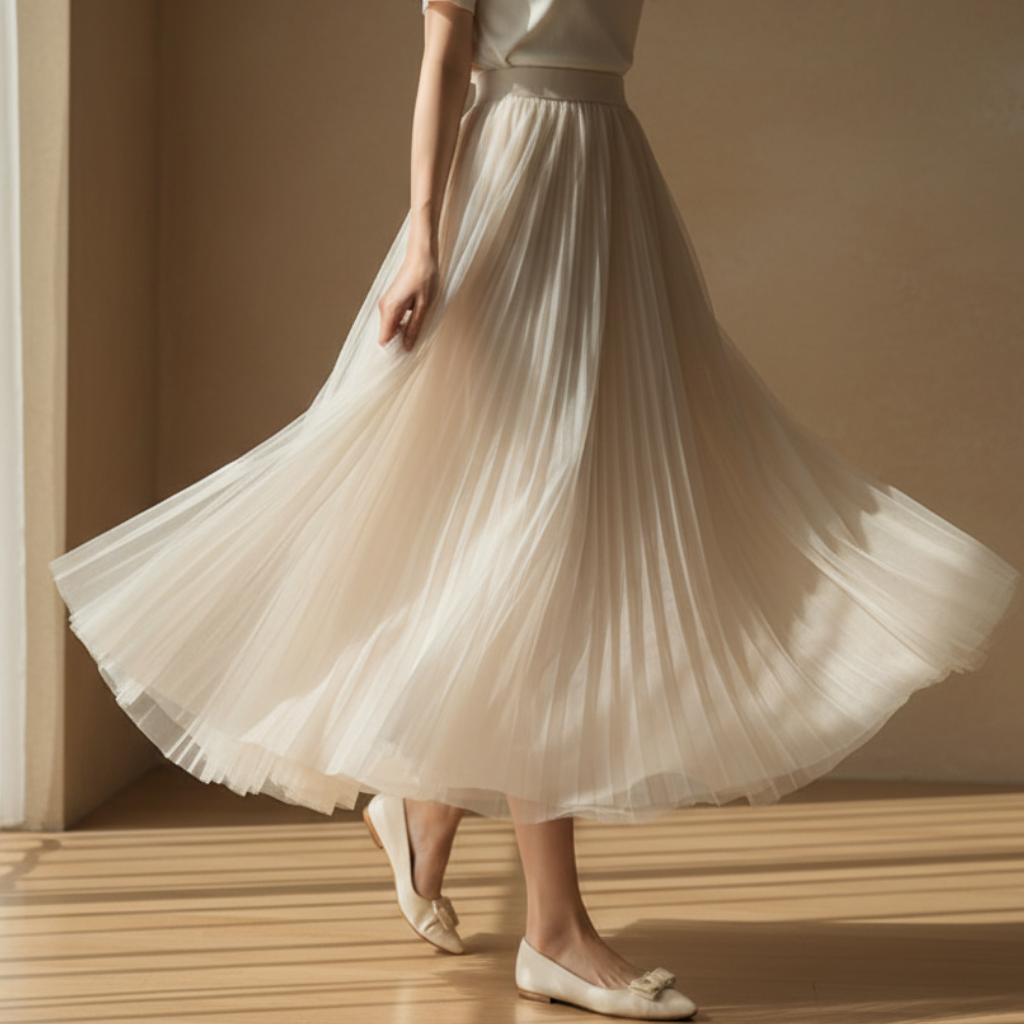 Stylish black pleated flowy midi skirt. Women's high-waist A-line design, ideal for elegant casual wear.