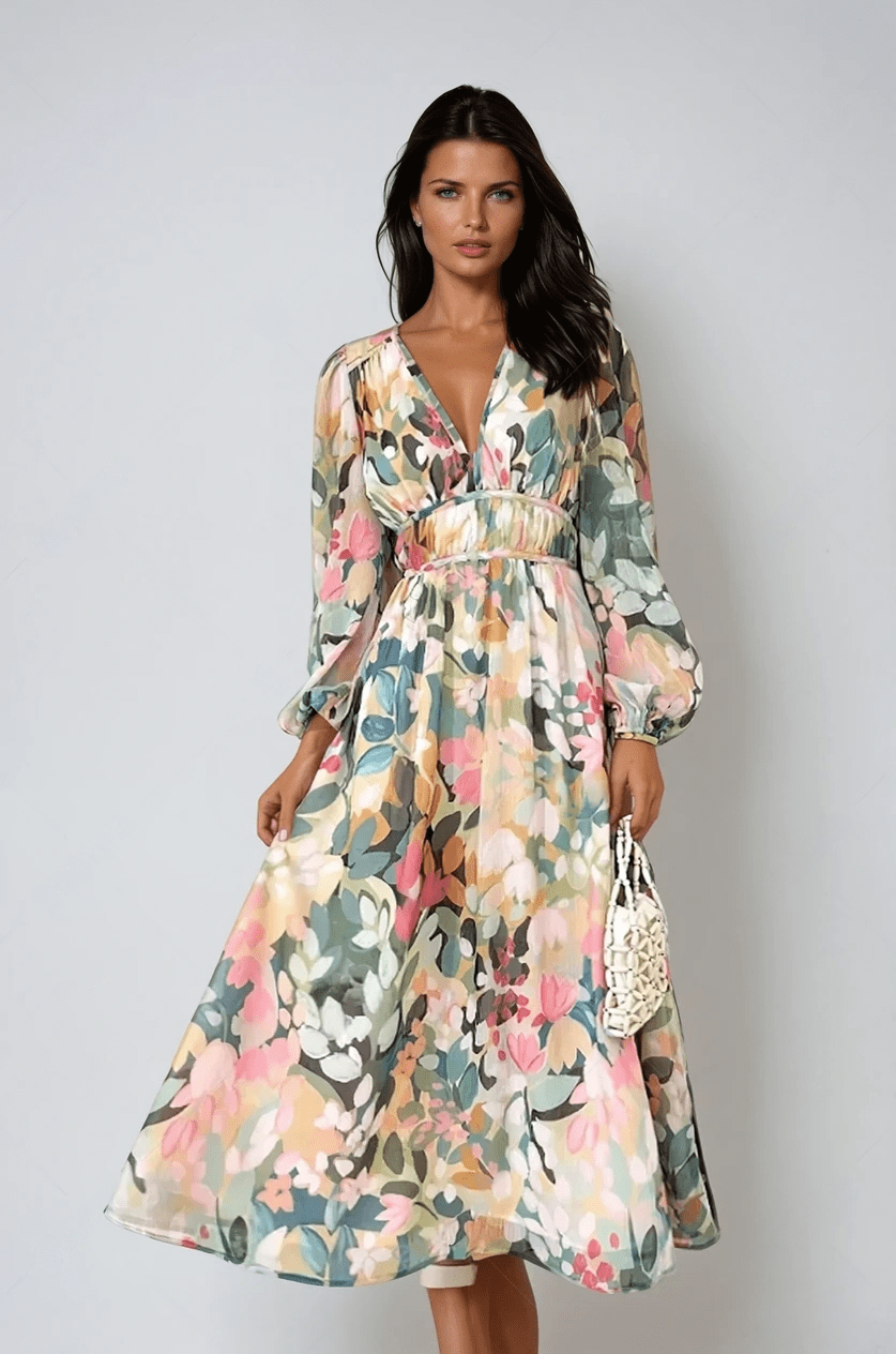 Elegant women's romantic floral midi dress with puff sleeves and V-neck, perfect for spring garden parties.