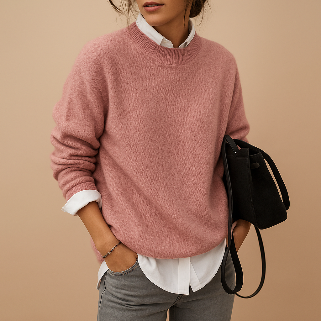 Elegant women's round neck long sleeve sweater, perfect for versatile workwear or chic casual fall fashion.