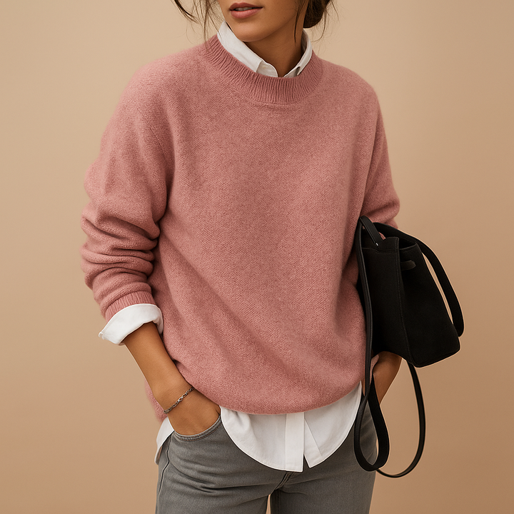 Elegant women's round neck long sleeve sweater, perfect for versatile workwear or chic casual fall fashion.