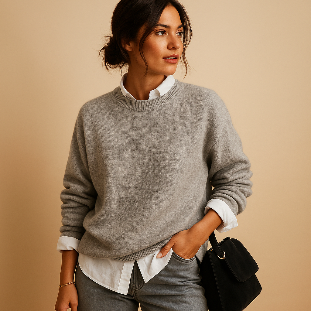 Stylish women's long sleeve round neck sweater, a versatile fashion piece for an elegant and comfortable look.