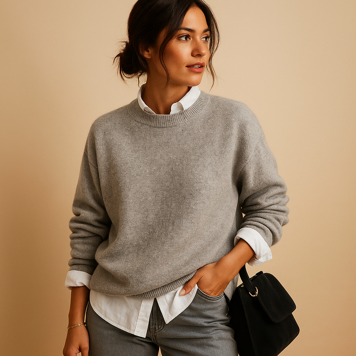 Stylish women's long sleeve round neck sweater, a versatile fashion piece for an elegant and comfortable look.