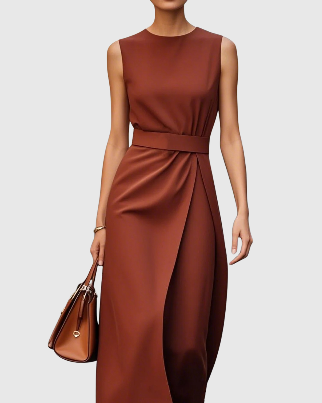 Elegant women's round neck midi dress, perfect for cocktail parties, office wear, or summer events.