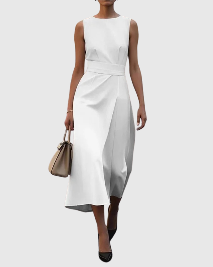 Versatile women's round neck midi dress, sophisticated for the office & comfortable for summer outings.