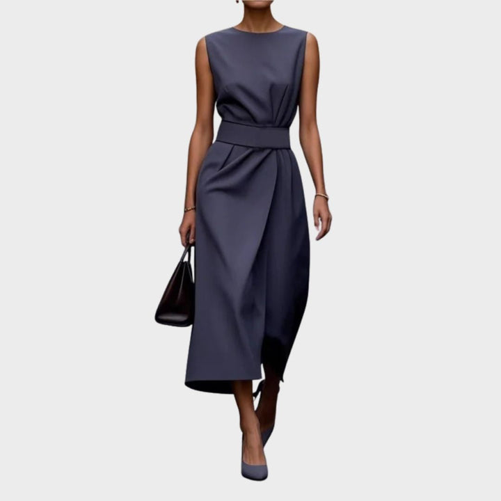 Flattering fit women's elegant midi dress, a versatile round neck design for office, party, or casual wear.