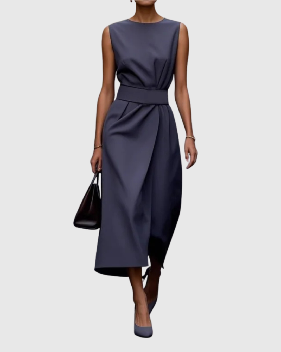 Classic women's sleeveless midi dress with a round neck, offering an elegant & comfortable style for diverse events.