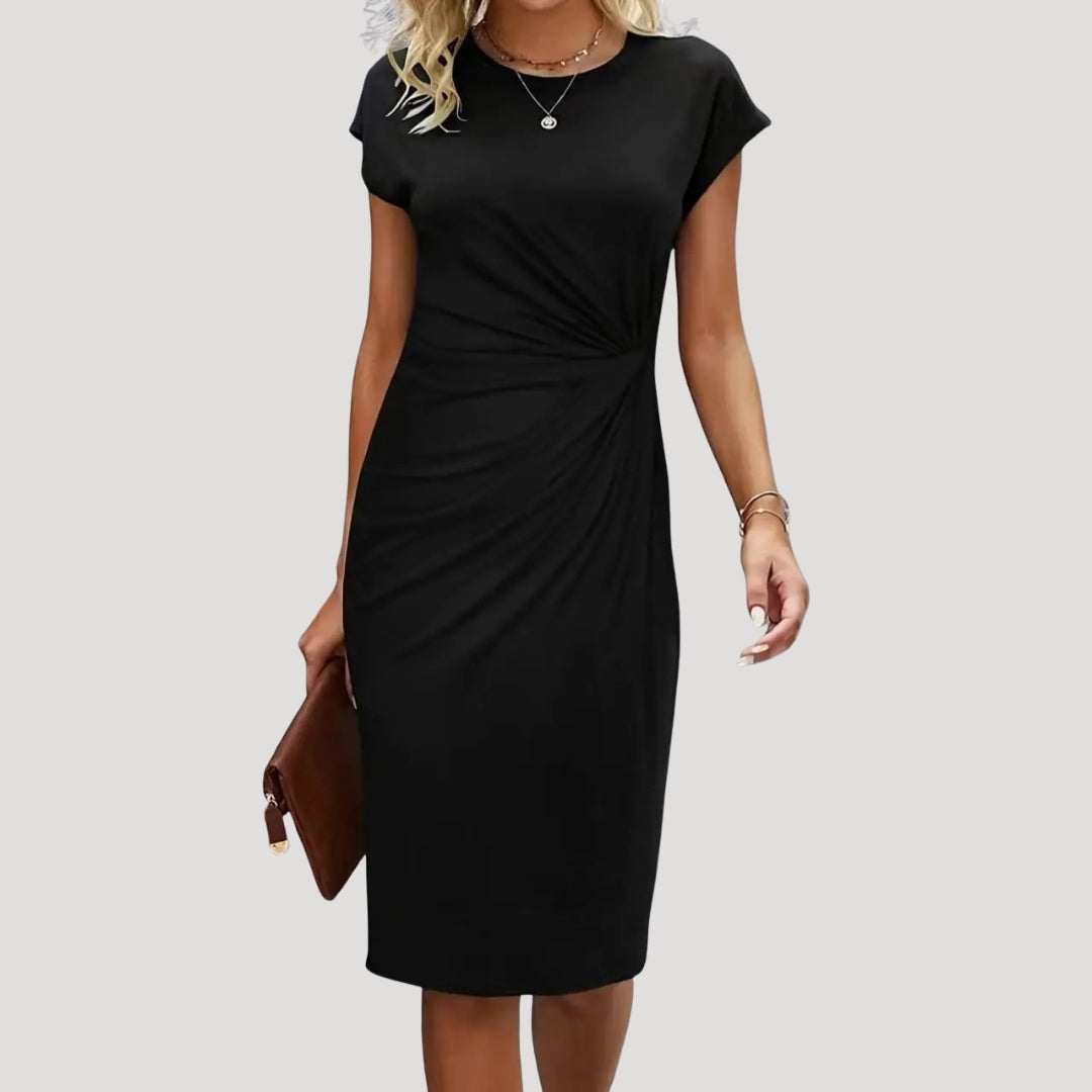 Elegant women's ruched cap sleeve midi dress for sophisticated office wear or special occasions.