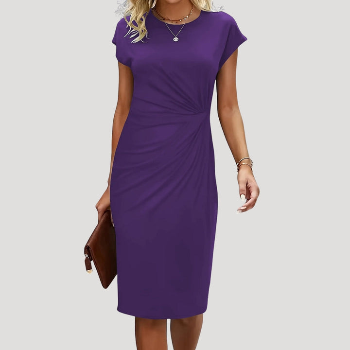 Chic women's formal midi dress with elegant ruched detailing, cap sleeves, and a flattering fitted silhouette.