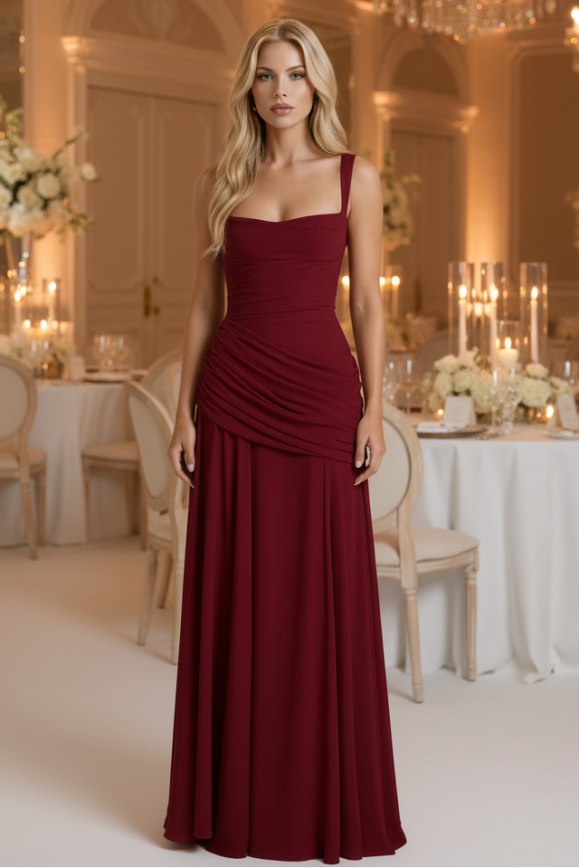 Chic women's ruched maxi dress, flattering for vacation outfits or elegant wear. Comfortable long, flowing dress style.