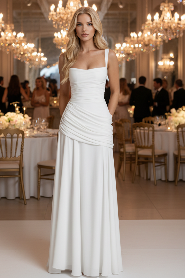 Women's ruched maxi dress, a comfortable and elegant long dress. Perfect flowing style for summer fashion & casual wear.