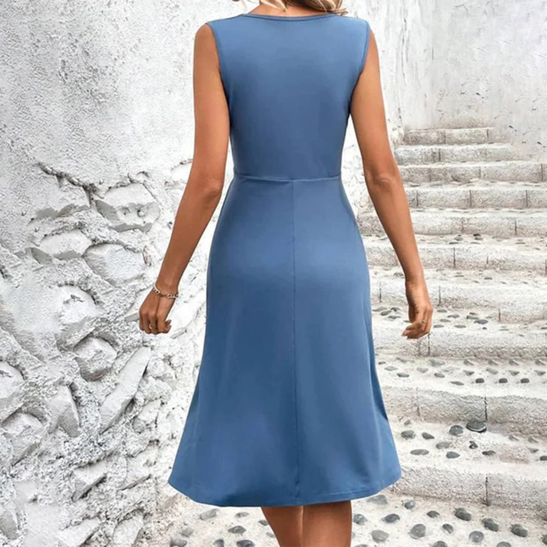 Comfortable yet elegant ruched sleeveless midi dress for women, a versatile summer fashion essential.