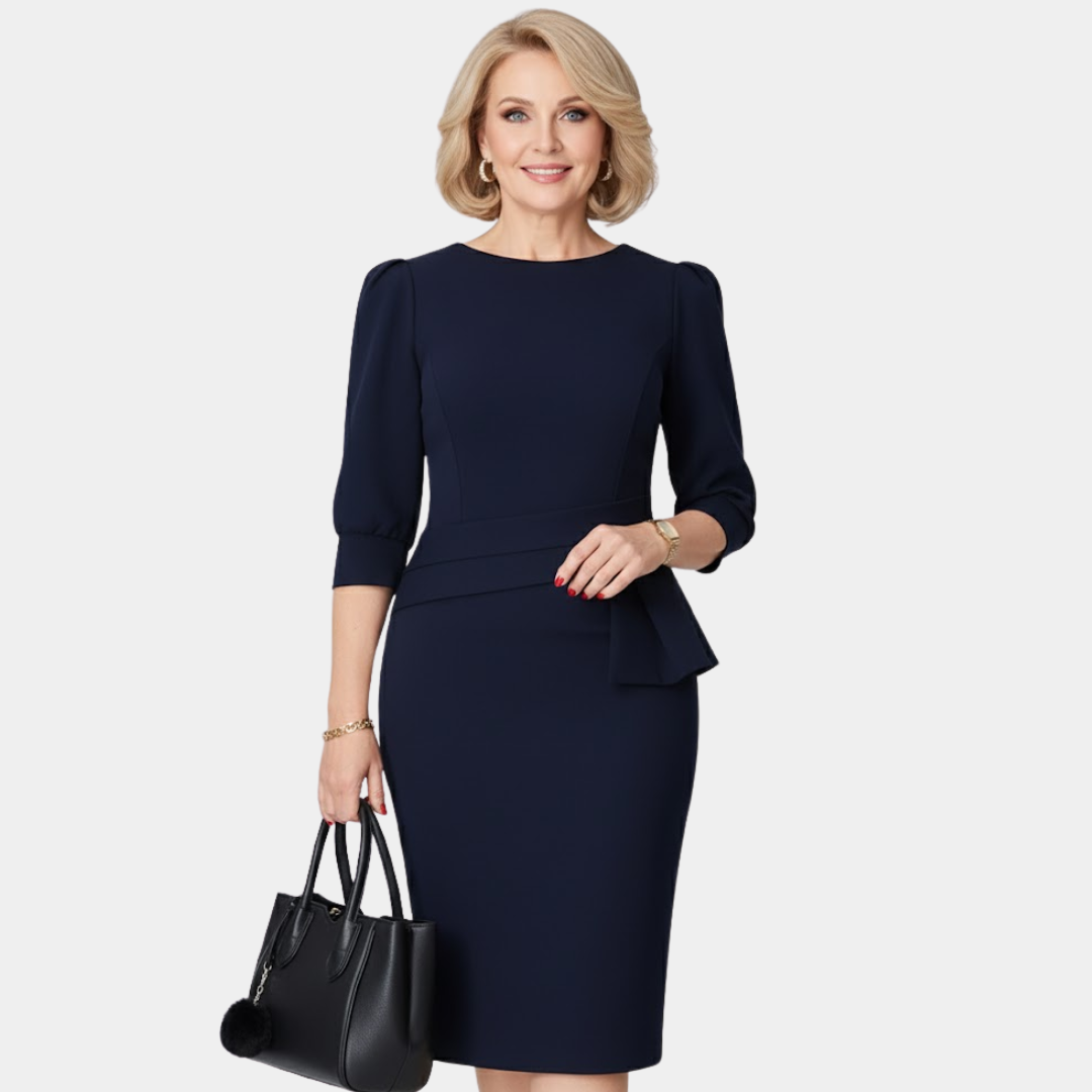 Sophisticated three-quarter sleeve ruffle dress, featuring a flattering peplum waist for elegant day-to-night wear.