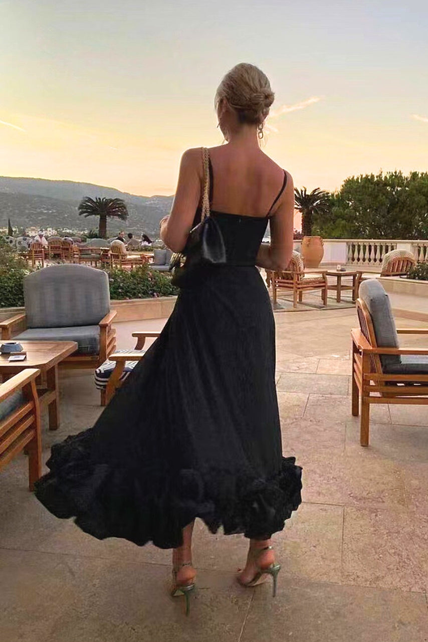 Women's formal evening gown: elegant ruffle hem, spaghetti strap maxi dress for parties.